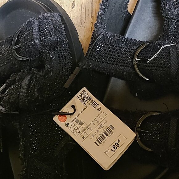 ZARA BLACK FLAT SLIDER SANDALS TWEED FABRIC RHINESTONES. SIZE US 9 3663/110/800 - Picture 7 of 7